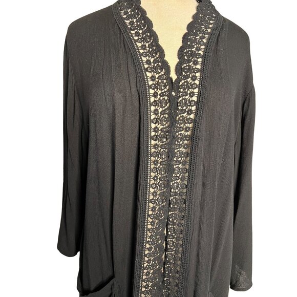 Time & True Black Cardigan Duster L-XL Gauze Goth Pockets Open Front Baggy - Picture 2 of 9